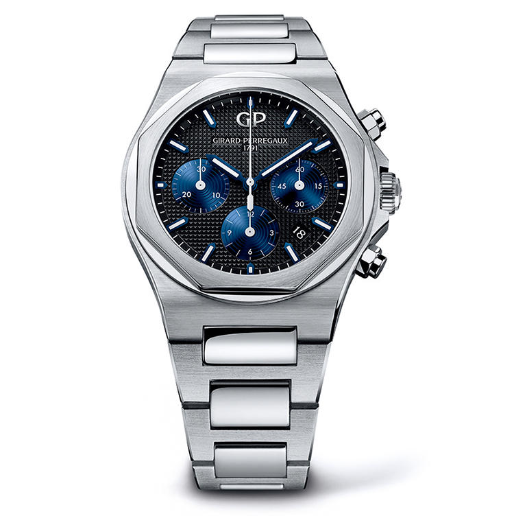 <span style=background-color:#000;color:#fff;padding:10px;>“シリーズ初”のクロノグラフ</span><br /><br /><font size=4><b>GIRARD-PERREGAUX</b></font><br />ジラール・ペルゴ<br /><font color=red><b>ロレアート 38mm クロノグラフ</b></font><br />ロレアートに初となるクロノグラフが誕生した。搭載するムーブメントは薄型の自動巻きCal.GP03300をベースとするため、ケース自体もスリムに保たれ、八角形ベゼルのエッジィさがぐっと際立った。クル・ド・パリ装飾の青文字盤もじつに美しい。径38mm。SSケース＆ブレスレット。147万円（ソーウインド ジャパン）