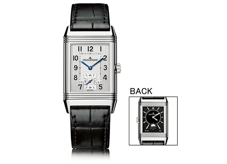 <font color='#990000'><b>JAEGER LECOULTRE</b>／ジャガー・ルクルト レベルソ・クラシック・ミディアム・デュオ・スモールセコンド</font><br><br><b>より手首にフィットする手巻きのデュオが復活</b><br>レベルソの反転ケース構造を生かし、表裏で異なる時間を表示できるデュオ。クラシックシリーズから手巻きデュオは一時期姿を消していたが、第2時間帯調整をケース上部のスライダー式に改良して再登場。42.9×25.5mm。SSケース。89万円（ジャガー・ルクルト）