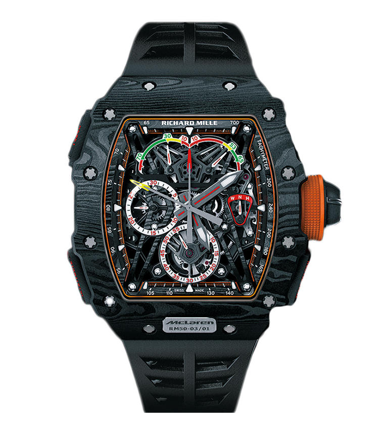 <b>RICHARD MILLE</b><br>リシャール・ミル<br>RM 50-03 トゥールビヨン スプリットセコンドクロノグラフ ウルトラライト マクラーレンF1<br><br><b>超コンプリ時計ながら抜群に軽量！</b><br>F1コンストラクターとして名を馳せるマクラーレンとのコラボ第1弾。ここらしく複雑機構満載ながらストラップを含め僅か40ｇ以下しかなく、これは機械式クロノグラフとして世界最軽量だ。手巻き。49.65×44.5mm。グラフTPT(R)ケース。限定75本。1億1270万円（リシャールミルジャパン）