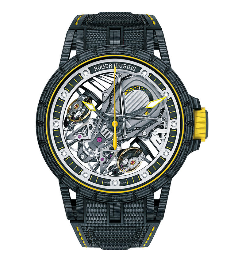 <b>ROGER DUBUIS</b><br>ロジェ・デュブイ<br>エクスカリバー アヴェンタドールS<br><br><b>意匠もメカもスーパーカーそのもの</b><br>ランボルギーニとの提携から誕生したモデル。2つのテンプを45度に傾斜させてディファレンシャルをリンクさせたムーブを搭載し、超高精度を確保した。デザインでもメカでも、スーパーカーの世界観をダイレクトに感じさせる1本だ。自動巻き。径45mm。限定88本。2400万円（ロジェ・デュブイ）