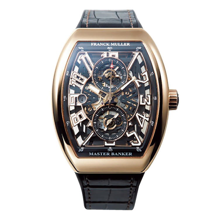 <span style=background-color:#000;color:#fff;padding:10px;>操作性を追求した複雑機構</span><br /><br /><b>FRANCK MULLER</b></font><br />フランク ミュラー<br /><font color=red><b>ヴァンガード マスターバンカー スケルトン</b></font><br />2つのインダイヤルと主針とで、3つの時間が表示可能。さらに3つの時刻表示が個別に1つのリューズで調整できる唯一無二の操作性を備え、世界を相手に戦うタフなビジネスマンをサポートする。自動巻き。53.7×44mm。18KPGケース。クロコダイル＋ラバーストラップ。発売時期未定。予価470万円（フランク ミュラー ウォッチランド東京）