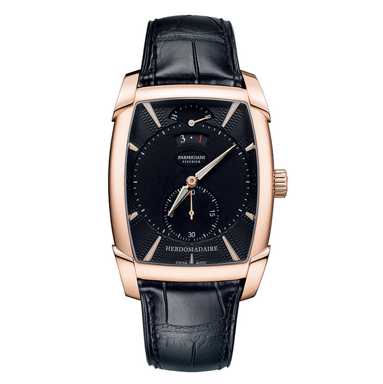 <span style=background-color:#000;color:#fff;padding:10px;>ロングパワーリザーブの先駆</span><br /><br /><b>PARMIGIANI FLEURIER</b></font><br />パルミジャーニ・フルリエ<br /><font color=red><b>カルパ エブドマデール</b></font><br />優美なトノー型のケースとベゼルにレイヤードされたラグのフォルムは、いずれも黄金比に基づいて設計されたもの。幾何学的な美が調和する外装に、8日間高精度に動き続けるスタミナを持つムーブメントを収めた。手巻き。42.3×32.1mm。18KRGケース。アリゲーターストラップ。340万円（パルミジャーニ・フルリエ）