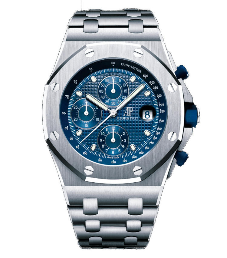 ■<b>AUDEMARS PIGUET</b><br>オーデマ ピゲロイヤル オーク オフショア・クロノグラフ<br><br><b>現代に蘇った1993年製初代モデル</b><br>誕生25年を記念し、初代“オフショア”の姿が完全に再現された。一方、ムーブメントは2007年発表の高性能な自社製を搭載。初代ロイヤル オークに倣ったダイヤル装飾は、現行モデルにないスタイルで新鮮だ。自動巻き。径42mm。SSケース＆ブレスレット。予価275万円。2月発売予定（オーデマ ピゲ／オーデマ ピゲ ジャパン）