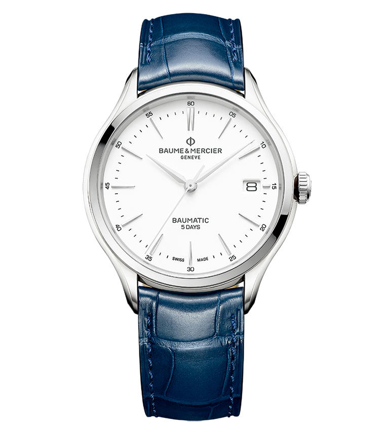 ■<b>BAUME & MERCIER</b><br>ボーム＆メルシエクリフトン ボーマテック<br><br><b>高性能をエレガントな外装が包む</b><br>スリムな楔形インデックスとランセット（柳）型針とが織り成すシャープに洗練された外観に、初の自社製ムーブメントが潜む。脱進機とヒゲゼンマイをシリコン製とし、高精度と120時間駆動を実現した高性能が享受できる。自動巻き。径40mm。SSケース。アリゲーターストラップ。予価29万円。4月発売予定（ボーム＆メルシエ）