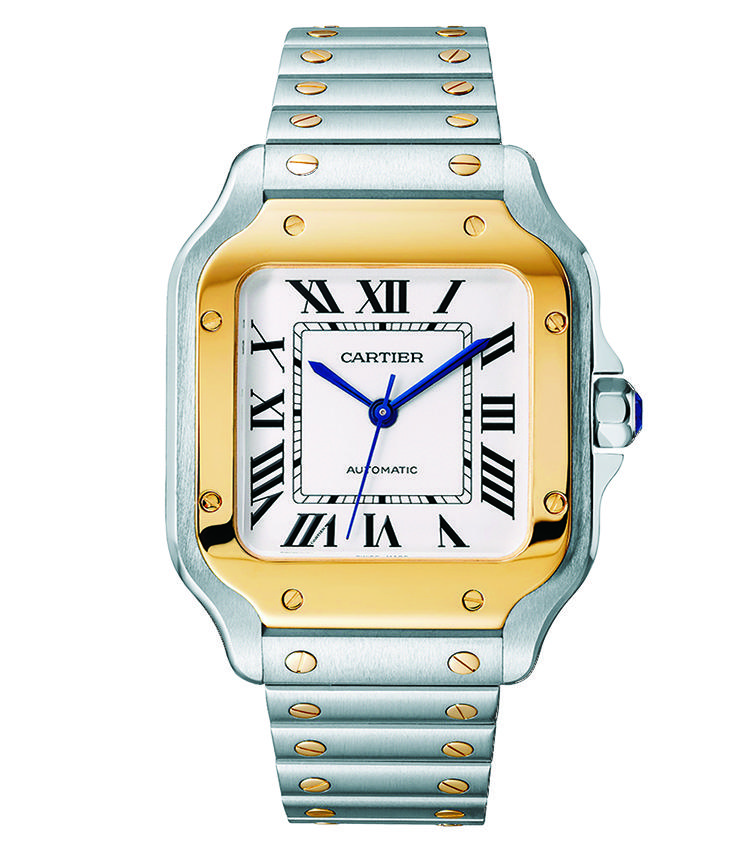 ■<b>CARTIER</b><br>カルティエ サントス ドゥ カルティエ<br><br><b>新生サントスはブレスに技あり</b><br>1904年に誕生した初の本格的腕時計を現代に再構築。ベゼル形状を改め、ブレスとの視覚的一体感を高めた。そのブレスは、工具なしで付け替えが可能だ。自動巻き。41.9×35.1mm。SS＋18KYGケース＆ブレスレット（カーフストラップ付属）。予価98万円。4月発売予定（カルティエ／カルティエ カスタマー サービスセンター）photo/Cartier