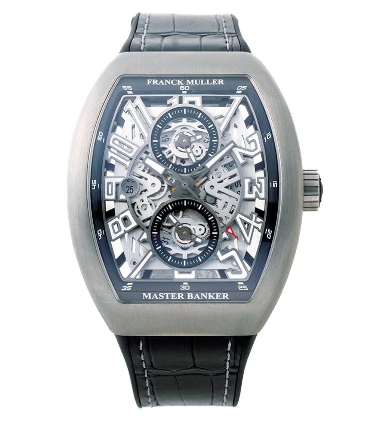 ■<b>FRANCK MULLER</b><br>フランク ミュラーヴァンガード マスターバンカー スケルトン<br><br><b>傑作3タイムゾーンの新たな表現</b><br>主針と上下のインダイヤルとで3つの時間帯が表示できるメゾン初期の傑作を、マニッシュなヴァンガードに初搭載した。さらに同機構初のスケルトン化でメカの一部を見せ、ダイヤルは表情豊かに。自動巻き。53.7×44mm。クロコダイル＋ラバーストラップ。価格・発売時期未定（フランク ミュラー／ウォッチランド東京）