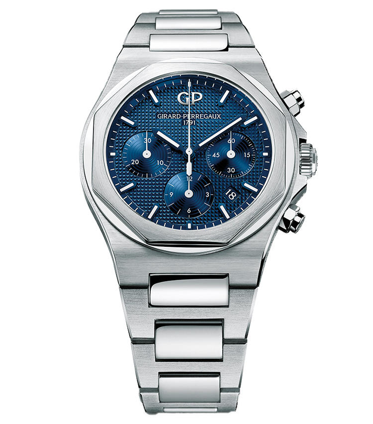 ■<b>GIRARD-PERREGAUX</b><br>ジラール・ペルゴロレアート 42mm クロノグラフ<br><br><b>機構が際立つ巧妙なダイヤル装飾</b><br>復活したスポーツウォッチの名作に自社製クロノグラフを搭載。ダイヤル全体はクル・ド・パリ、カウンターは同心円と異なる装飾を組み合わせ、美観と視認性を高めた。プッシュボタンの造形もベゼルと調和。自動巻き。径42mm。SSケース＆ブレスレット。160万円。3月発売予定（ジラール・ペルゴ／ソーウインド ジャパン）