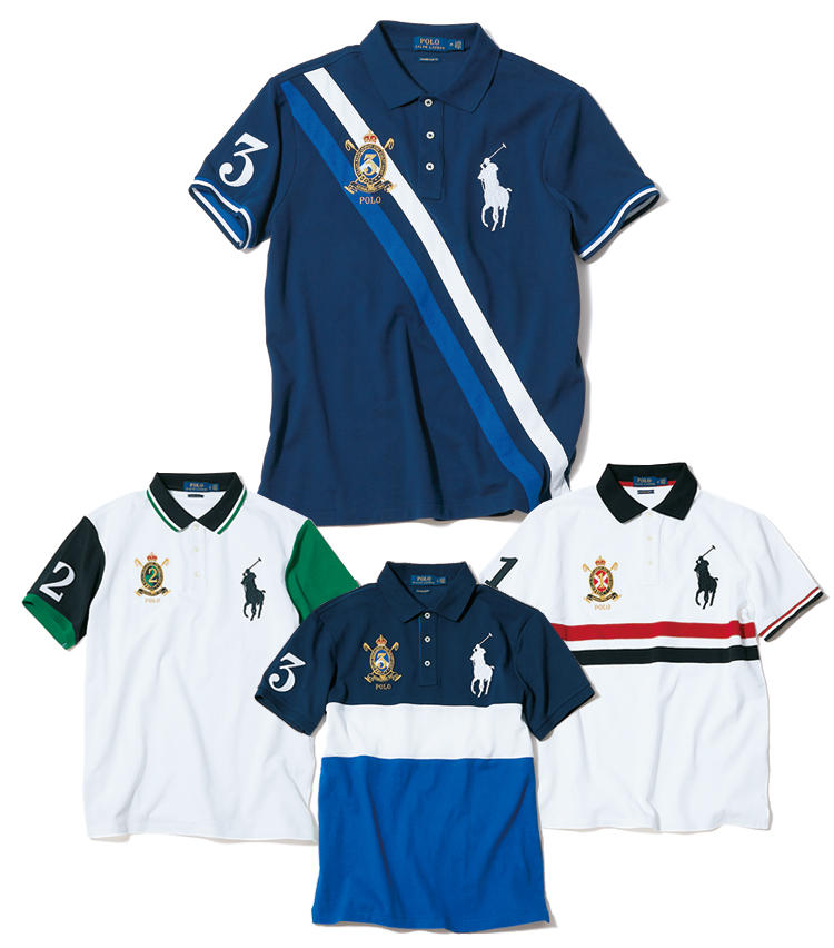 <span style='font-size:1.25em;'><strong>CREST BIG PONY POLO MESH SHIRT ／ クレスト ポロメッシュシャツ</strong></span><br />各1万5000円（ラルフ ローレン）<br />■<strong>ユニフォーム風のデザインはスポーティにしてノーブル</strong><br />ポロ競技のユニフォームにインスパイアされたモデル。ビッグポニーポロ同様の大きな胸ロゴや肩のナンバリングに加えて、右胸にはクレストの刺繍が入る。なお写真のモデルは、前立てが細く長い3Bタイプ。細めのカスタムスリムフィット（本記事の全商品に共通）で、若々しい趣だ。<br />■<strong>VARIATIONS</strong><br />ラインの切り替えや配色の妙で、それぞれの表情が大きく異なるのも魅力だ。なお、肩やクレストの数字はポロ競技の選手番号に由来。ちなみに3は、最も経験豊富な選手に冠される数字だ。