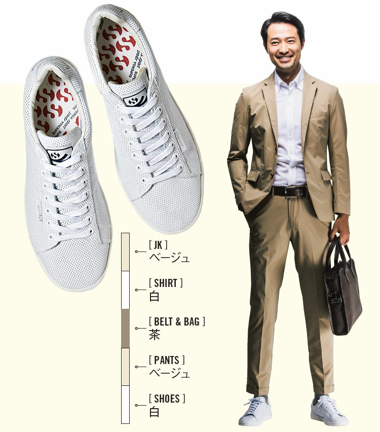 <span style=font-size:1.1em;><strong>SUPERGA ／ スペルガ</strong></span><br /><br /><strong>夏こそ通気性がいいパンチングレザー</strong><br />アッパーにはラグジュアリーなパンチングレザーを使用。ツバメの尾をモチーフにしたアイコンと、インソールのSUPERGA SPORTのロゴが目を引く。1万2000円（プロスペール）<br />ジャケット1万6000円、パンツ1万1000円（エディフィス 丸の内店）　シャツ1万円〈オーダー価格〉／麻布テーラー（麻布テーラープレスルーム）　ベルト1万6000円／ブルックス ブラザーズ（ブルックス ブラザーズジャパン）　鞄7万円／フルラ（フルラ ジャパン）