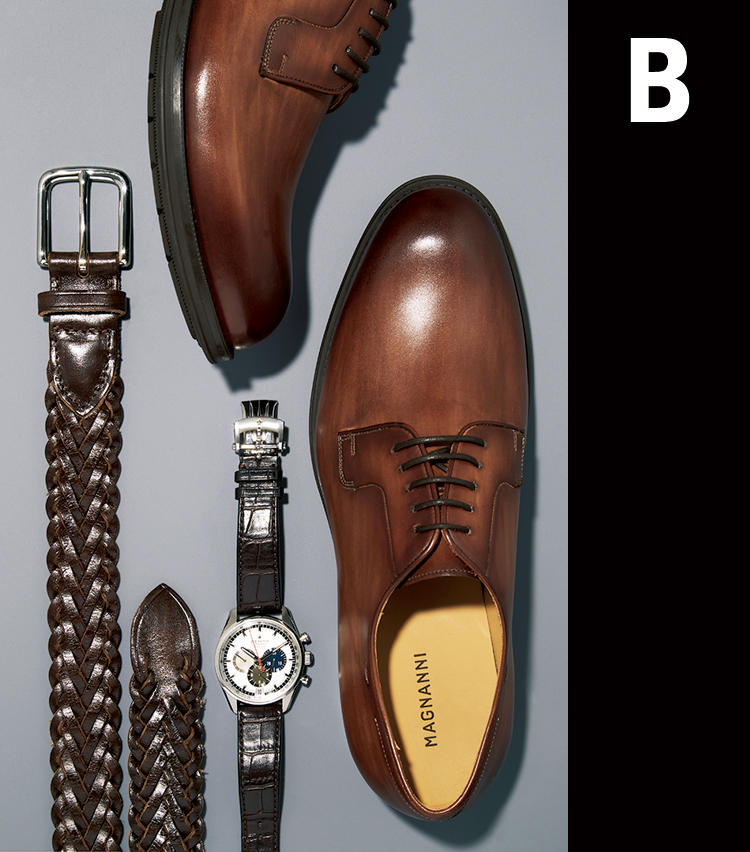 <span style='font-size:1.4em;'><strong>相性：◎</strong></span><br /><br /><strong>【B】品よく和らぐ'ブラウンセット'</strong><br />ジャケットのベージュと小物の茶は相性抜群。茶が持つカントリームードでAよりも軽快ながら、レザーの硬質な質感で知的さが漂う。<br /><br /><span style='font-size:0.8em;'>明るさ、華やぎ役に活用したいブラウン。ハンドフィニッシュの風合いが上品な外羽根靴5万8000円／マグナーニ（レスパース銀座）　上質感を湛えるレザーメッシュベルト1万8000円／ホワイトハウスコックス（エストネーション）　3色カウンターが存在感を放つ時計「エル・プリメロ」80万円／ゼニス（LVMH ウォッチ・ジュエリー ジャパン ゼニス）</span>