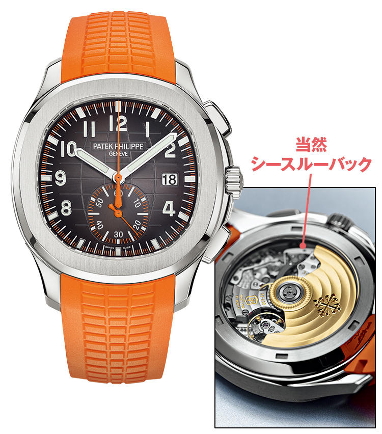 <span style=font-size:1.1em;><strong>PATEK PHILIPPE</strong></span><br /><strong>パテック フィリップのアクアノート クロノグラフ5968A</strong><br /><br /><strong>最上級のメカニズムで常識を超えた動きを実現</strong><br />傑作時計にクロノグラフが初投入。高い信頼性と精度を持つキャリバーCH 28-520 Cにより、通常の秒針の代わりにクロノグラフ秒針を常時駆動させるという、新しい腕時計の動きを実現。自動巻き。径（10-4時方向）42.2mm。SSケース。トロピカルストラップ（黒も付属）。今秋発売。<br /><span style='font-size:0.8em;'>477万円（予価）（パテック フィリップ ジャパン・インフォメーションセンター）</span>