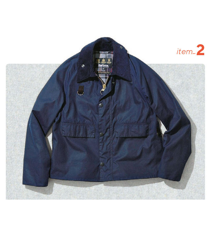 <b>Barbour／バブアー</b></br></br>■撥水</br></br><b>往年の名作モデルがリバイバル</b></br>英国で王室をはじめ上流階級に愛されるワックスドクロスジャケットの老舗。オーセンティックなフィッティングで復刻したスペイジャケットは、ショート丈やDリングなどフィッシング特有のディテールが◎。5万2000円（バブアー 渋谷店）