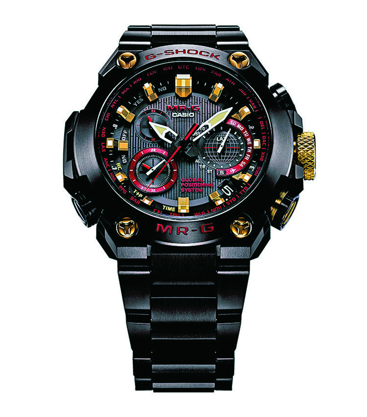 <b>CASIO</b><br>カシオ　<br>G-SHOCK　MRG-G1000B-1A4JR<br><br><b>日本の美意識を宿した大人仕様のG-SHOCK</b><br>袖口のアクセント効果を高めたいとき、G-SHOCKのエッジの効いたデザインに頼るのも面白い。写真はGPSハイブリッド電波ソーラーをはじめ先進機能満載の高級機。DLC処理した黒外装の随所に金と赤を効かせ、戦国武者の“赤備え”のような凄みも湛える。径49.8mm。30万円（カシオ計算機お客様相談室）