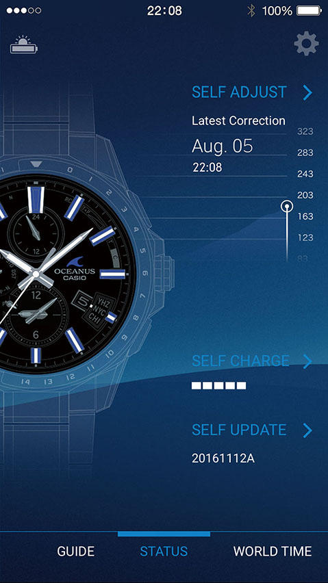 <b>アプリとの連携で機能性がよりアップ</b><br>オシアナス専用アプリ「OCEANUS Connected」との連携により、約300都市から選べるワールドタイムの簡単設定やソーラー充電量、バッテリーレベル、時刻取得履歴など、さらなる時計ステータス表示が可能に。