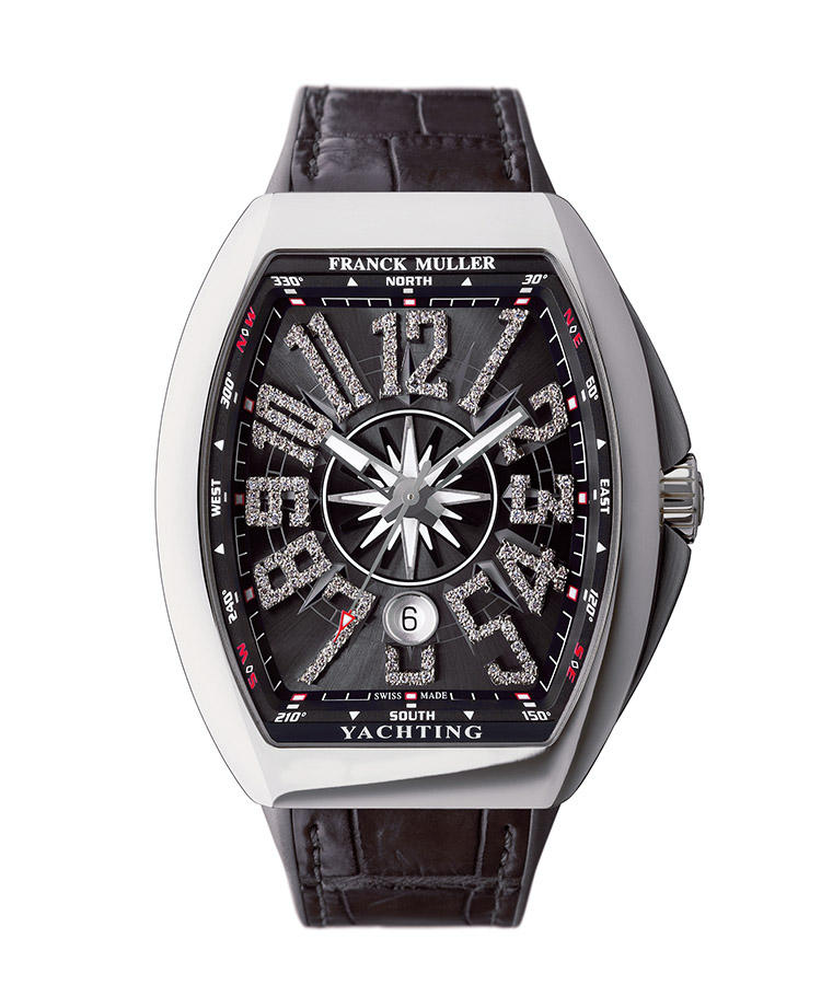 <b>FRANCK MULLER</b></br>フランク ミュラー</br></br><b>ヴァンガード ヨッティング</b><hr><b>スポーティというトノウ型の新たなる表現</b></br>強く湾曲した大型トノウのインデックスに配したダイヤモンドが華やか。ダイヤル中央には海洋方位磁針のモチーフを配し、潮風を感じさせる。存在感と個性とが際立つ１本。これをさらりと着けこなせれば、ファッション上級者だ。自動巻き。ケース53.7 × 44mm。SS ケース。クロコダイル＋ラバーストラップ。285万円（フランク ミュラー ウォッチランド東京）