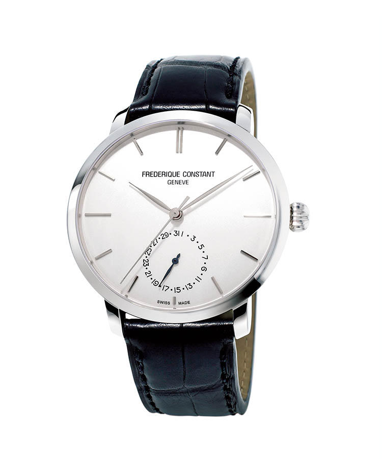 <b>FREDERIQUE CONSTANT</b></br>フレデリック・コンスタント</br></br><b>スリムライン マニュファクチュール</b><hr><b>自社製ムーブが潜むクラシカルエレガンス</b></br>その名の通り、自社製ムーブメント搭載モデル。わずかに膨らむドーム型のサファイアクリスタルとダイヤルとが、外観をクラシカル・エレガントな印象にする。日付をインダイヤルのポインター表示とし、インデックスも最小限とすることで、シンプルな美しさがより際立った。一方でリューズは、操作しやすい大型を採用し、力強い印象も併せ持つ。自動巻き。径42mm。SSケース。アリゲーターストラップ。33万5000円（フレデリック・コンスタント相談室）