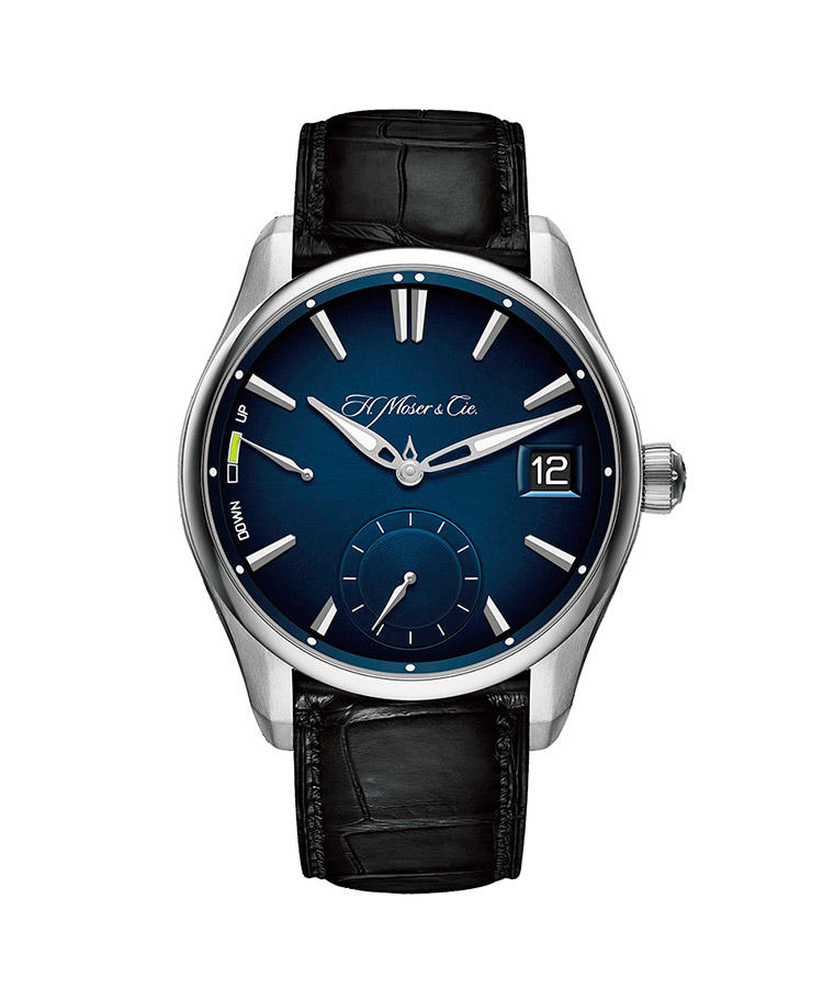 <b>H.MOSER & CIE.</b></br>H.モーザー </br></br><b>パイオニア パーペチュアル・カレンダー</b><hr><b>シンプルで見やすく、工夫を凝らす複雑機構</b></br>一見、デイト＋パワーリザーブ計モデル。しかし注視すると、中央に極めて短い針があると分かる。実はこの針は、月表示。さらに裏蓋側に閏年表示も備わる、シンプルな外装に仕立てた永久カレンダー搭載モデルだ。スライドするように瞬時に日付が切り替わる大型のフラッシュ・カレンダーも独創的。手巻き。径42.8mm。SS ケース。アリゲーターストラップ。480 万円（イースト・ジャパン）