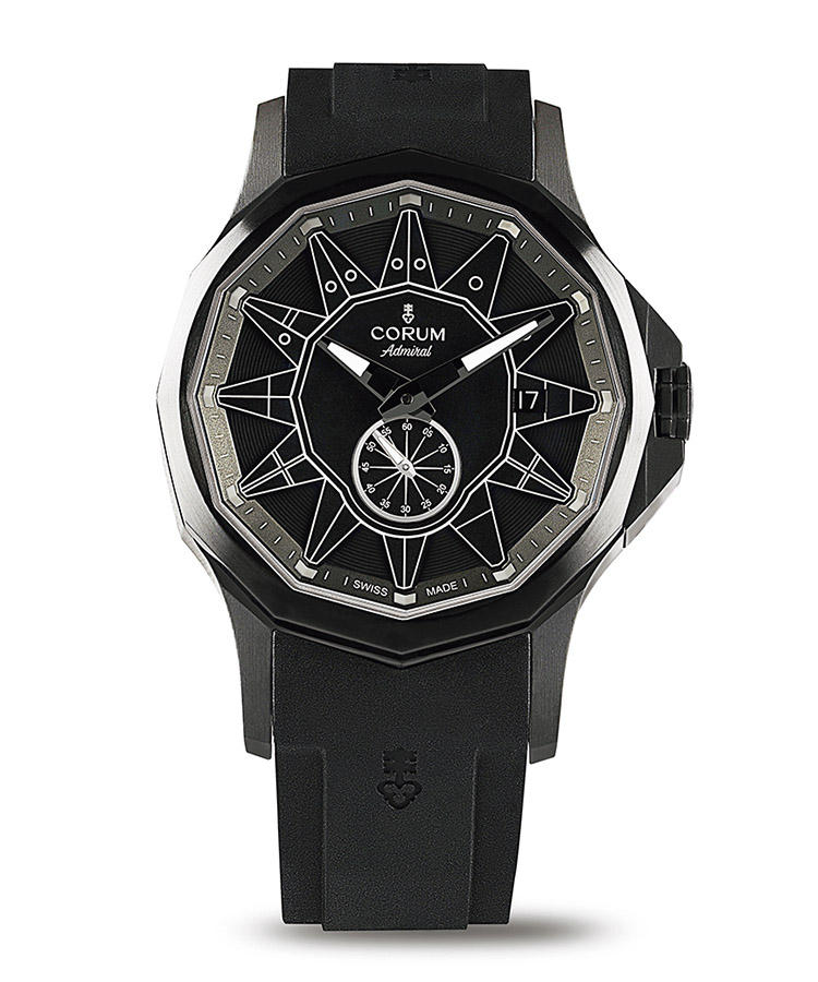 <b>CORUM</b>　コルム</br><b>アドミラル レジェンド 42</b><hr style='margin-bottom:20px'><b>モノトーンに装う12角形のマリンウォッチ</b></br>ケースは12角形、インデックスには国際信号旗モチーフを用いる。個性的な外観を濃淡や質感が異なる墨色に染め、力強くも繊細なモノトーンで装った新作。ダイヤルは、墨色とホワイトとが強いコントラストをなし、視認性にも優れる。限定100本。自動巻き。径42mm。SSケース。ラバーストラップ。67万円（GMインターナショナル）