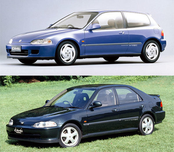 <b>1991〜1992年（平成3年）<br>ホンダ・シビック／シビック・フェリオ</b><br>栄冠は第5世代の通称「スポーツシビック」の頭上に。まだ「タイプＲ」がシビックに存在しない時代だ。ライバルとなったのはマツダのアンフィニRX-7や三菱パジェロだった。写真上：シビック、写真下：シビック・フェリオ　Photo:HONDA