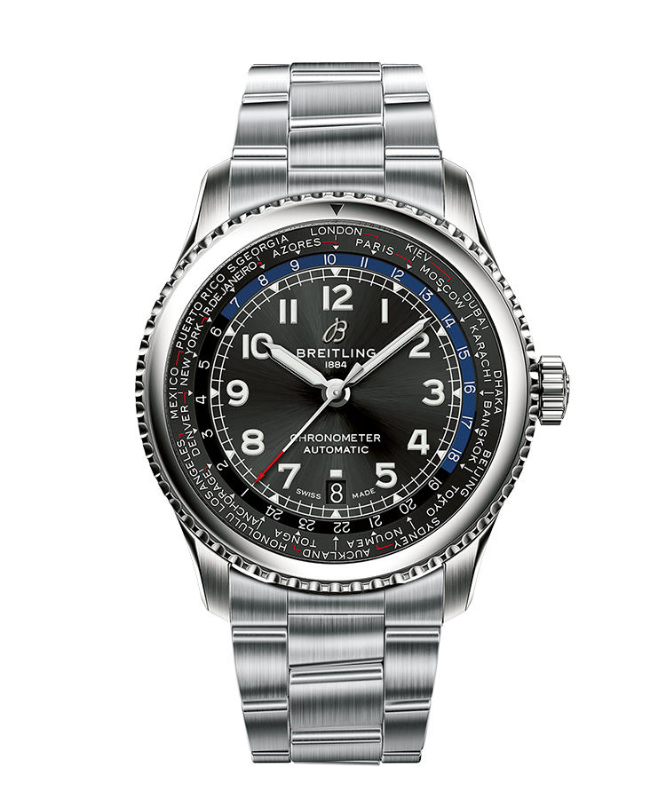 <b>BREITLING</b> ブライトリング</br><b>アビエーター 8 B35 オートマチック ユニタイム 43</b><hr style='margin-bottom:20px'><b>ブランドの歴史が、機構と意匠とに宿る</b></br>リューズだけで操作可能なワールドタイマー機構搭載モデル“ユニタイム”を、ブライトリングは1951年に開発。その機構を受け継ぎ、COSC取得の自社製ムーブメントで高精度に仕立てた。針やインデックスのデザイン、回転ベゼルなどは1930～40年代のパイロットウォッチやコクピット計器がモチーフ。視認性も優れ、旅先の時間が確実に分かる。自動巻き。径43mm。SSケース&ブレスレット。91万円(ブライトリング・ジャパン)