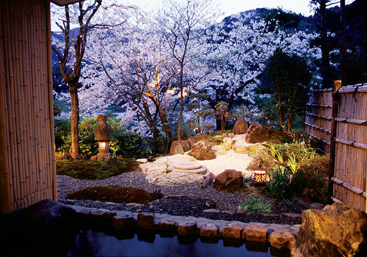 鮮やかに咲く桜を眺めながらの花見露天風呂