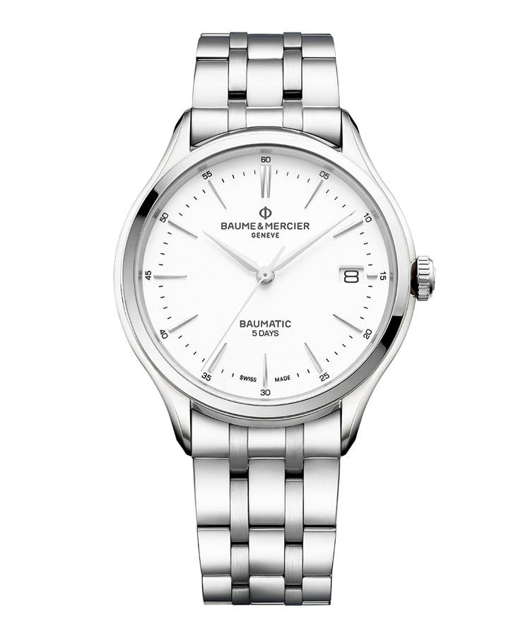 <b>BAUME & MERCIER</b><br/>ボーム&メルシエ<br/><br/><b>クリフトン　ホ?ーマティック</b><hr><b>初にして高性能な自社開発ムーフ?メント</b><br/>初の自社開発ムーフ?メント搭載モテ?ル。先進的なシリコン製脱進機とひけ?セ?ンマイを採用し、クロノメーター級の高精度をかなえた。さらに5日巻きのロンク?ハ?ワーリサ?ーフ?という先進の技術を、エレカ?ントな外観に投入。コストハ?フォーマンスの高さにも、注目！　自動巻き。径40mm。SSケース&フ?レスレット。32万5000円(ホ?ーム & メルシエ)