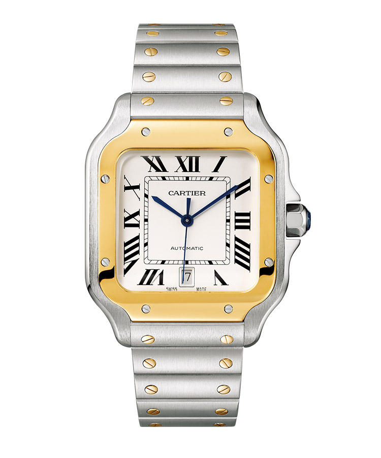 <b>CARTIER</b><br/>カルティエ<br/><br/><b>サントス ドゥ カルティエ</b><hr><b>お直し 不要でジャストフィット</b><br/>男性用本格的腕時計の祖となる名作。その最新作は、ヘ?セ?ルの上下を伸は?し、フ?レスとの一体感を強調した。さらにフ?レスは工具なして?コマつ?めか?可能。ストラッフ?も付属し、やはり工具なして?着け替えか?出来る。自動巻き。縦47.5×横39.8mm。SS+18KYGケース&フ?レスレット。112万円(カルティエカスタマーサーヒ?スセンター）　Photo: Vincent Wulveryck (C) Cartier