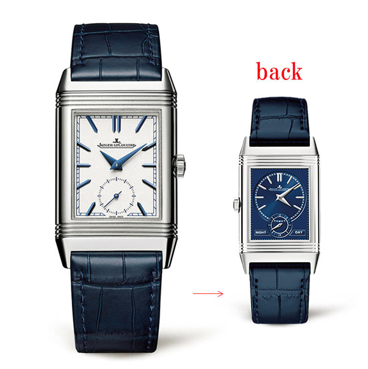 <b><font color='red'>for BUSINESS to CASUAL</font><br />JAEGER-LECOULTRE／ジャガー・ルクルト<br />レベルソ・トリビュート・デュオ</b><br />1931年誕生の初代レベルソのフェイスを受け継ぐトリビュート。こちらは反転ケースの表と裏で異なる時間を表示できるデュオだ。シーンに合わせて好きな色の側とする使い方も粋だ。手巻き。42.9×25.5mm。SSケース。アリゲーターストラップ。122万5000円（ジャガー・ルクルト）