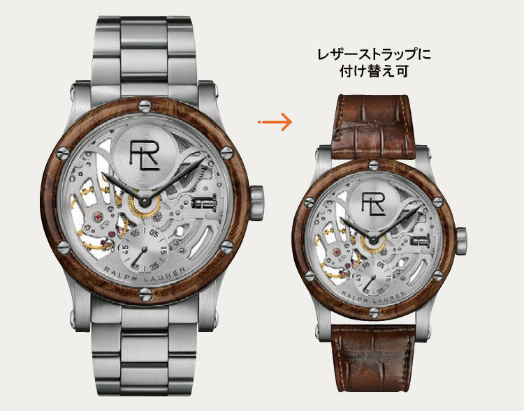 <b>RALPH LAUREN／ラルフ ローレン<br />オートモーティブ スケルトン</b><br />ラルフ御大所有の旧車からインスパイアされたオートモーティブ。その最高峰であるスケルトンモデルに、初のSSケースが登場。ベゼルはインド紫檀製だ。SSブレスとアリゲーターストラップが付き、交換も簡単。手巻き。径45mm。SSケース。344万円（ラルフ ローレン 表参道）