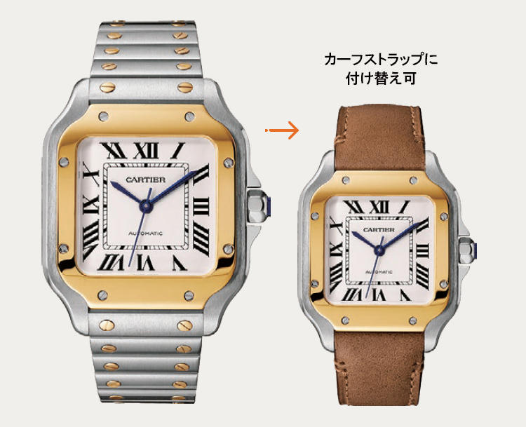 <b>CARTIER／カルティエ<br />サントス ドゥ カルティエ</b><br />ケース全体を上下に伸ばし、ストラップと調和させた新デザインを採用したサントス。“クィックスイッチ”システムにより、同梱のカーフストラップと容易に交換できる。自動巻き。41.9×35.1mm。SS×18KYGケース＆ブレス。98万円（カルティエ カスタマー サービスセンター）Vincent Wulveryck c Cartier