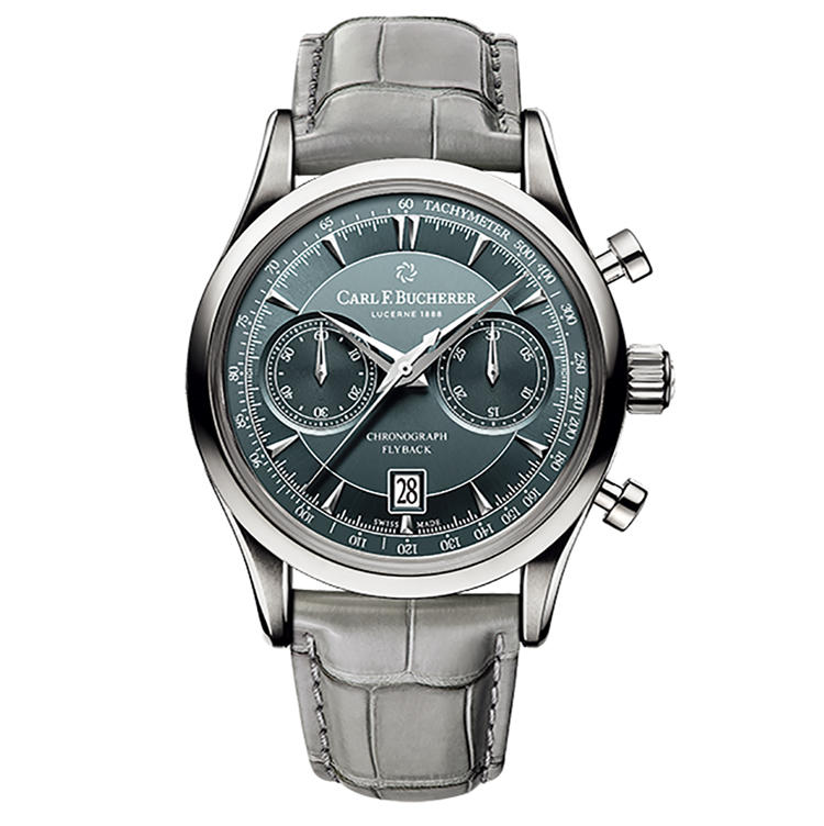 <b>CARL F.BUCHERER（カール F. ブヘラ）<br>マネロ フライバック</b><br>光の角度で色調を変化させるブルーグレーの文字盤が、美しい２カウンターデザインを一層スタイリッシュに見せる。この価格でフライバック・クロノ搭載も驚きだ。自動巻き。径43mm。SSケース。アリゲーターストラップ。88万円（ブヘラジャパン）