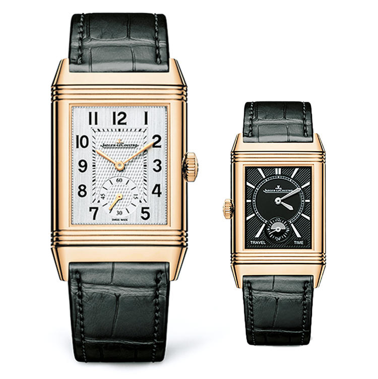 <b>JAEGER-LECOULTRE（ジャガー・ルクルト）<br />レベルソ・クラシック・ラージ・デュオ・スモールセコンド</b><br />レベルソの画期的な反転ケース構造を生かし、表と裏で異なる時間を表示。第2時間帯調整はケース上部のスライダーで行う。手巻き47×28.3mm。18KPGケース。アリゲーターストラップ。220万円（ジャガー・ルクルト）