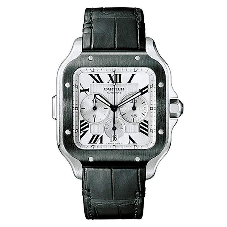 <b>CARTIER（カルティエ）<br />サントス ドゥ カルティエ クロノグラフ</b><br />上質なアリゲーターのストラップも付属し、ご覧の様に付け換えると、雰囲気はかなり変わる。1本で2本買った気分。ラグを独自の構造にすることで、専用ストラップやブレスとの交換を容易にした。