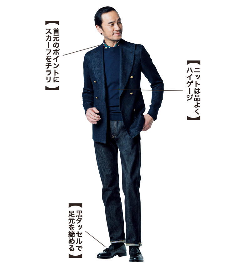 デニム+紺ブレ