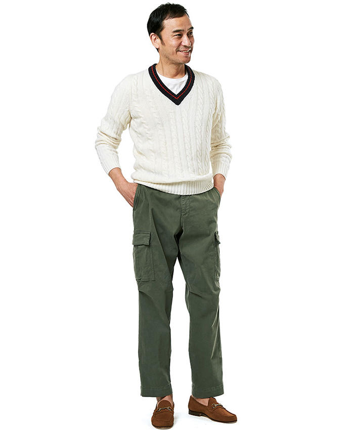 <span style='font-size:1.1em;'><strong>Military Pants Style</strong></span><br />「かつてはインナーに襟付きシャツを合わせるのが一般的でしたが、今は白無地のTシャツを合わせるスタイルも増えています。パンツは昨シーズンから継続して注目のワイドな軍パンで寛いだ雰囲気に。」<br><span style='font-size:0.8em;'>ニット3万8000円／ザノーネ、パンツ２万8000円／ベルウィッチ、靴３万3000円／イル モカシーノ、Tシャツ〈スタイリスト私物〉</span>