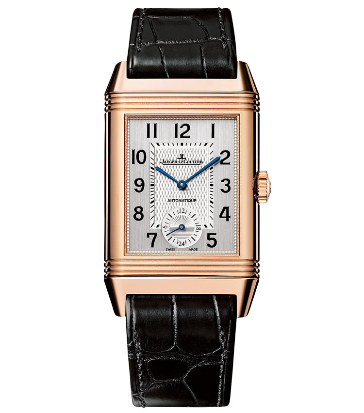 <span style=font-size:1.1em;><strong>JAEGER LECOULTRE ／ ジャガー・ルクルト</strong></span><br /><strong>レベルソ・クラシック・ラージ・デュオ</strong><br />〈表〉<br />レベルソの反転ケースの利点を生かし、表と裏で2つの時間帯を表示できるようにしたのがデュオ。こちらはシリーズ初の自動巻きモデル。 