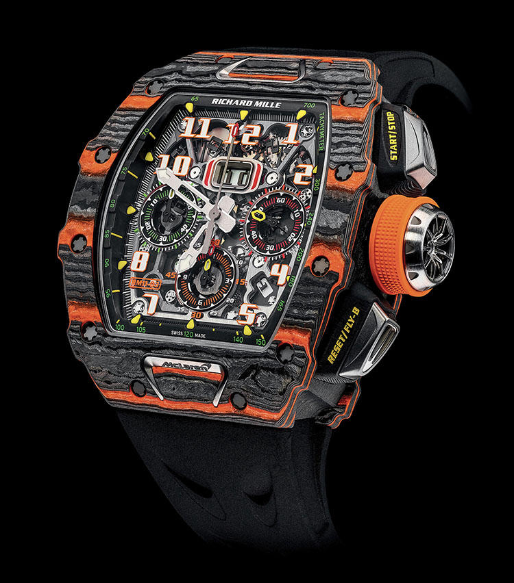 【オンリー・ウォッチ・オークション出品アイテム】<br><b>RICHARD MILLE</b>　リシャール・ミル<br>型番 11-03 マクラーレン限定モデル　ベゼル、ケースバック、ミドルケース：オレンジクオーツTPTRxカーボンTPTR　<b>エスティメイトCHF 220,000〜250,000</b>