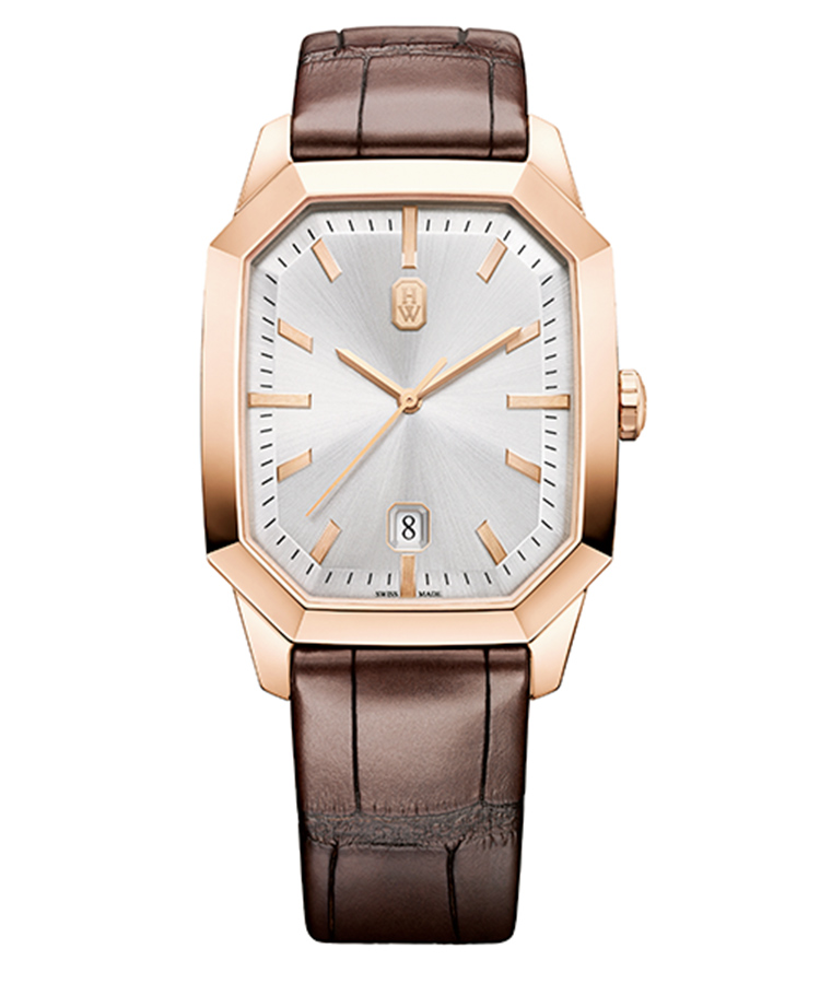 <p><b>HARRY WINSTON</b>　ハリー・ウィンストン<br />
<b>HW エメラルド・オートマティック33mm</b><br />
ファセットカットした八角ケースは、立体感豊か。シルバーのダイヤルをオパライン仕上げし、表情を付けた。自動巻き。ケース39.3×33.3mm。18KRGケース。アリゲーターストラップ。220万円（ハリー・ウィンストン クライアントインフォメーション）</p>
