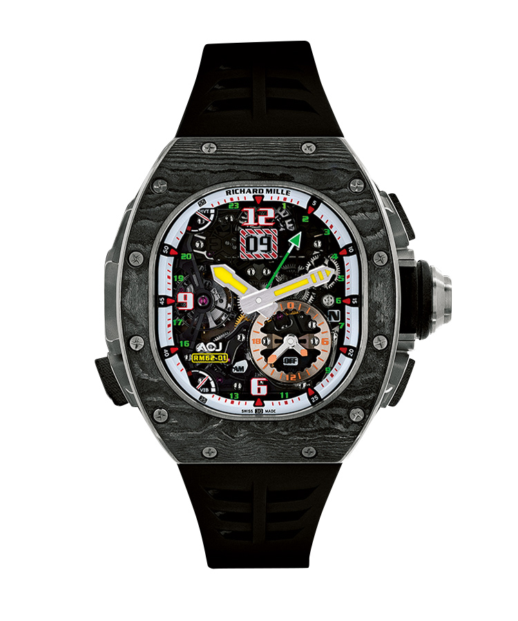 <p><b>RICHARD MILLE</b>　リシャール・ミル<br />
<b>RM 62-01 トゥールビヨン バイブレーションアラーム ACJ</b><br />
バイブ式アラームや第２時間帯表示など11の機構を統合。エアバスコーポレート・ジェットとのコラボ第2弾。70時間駆動。限定30本。手巻き。ケース49.94×42mm。チタン＋カーボンTPTケース。ラバーストラップ。予価1億3200万円（リシャールミルジャパン）</p>
