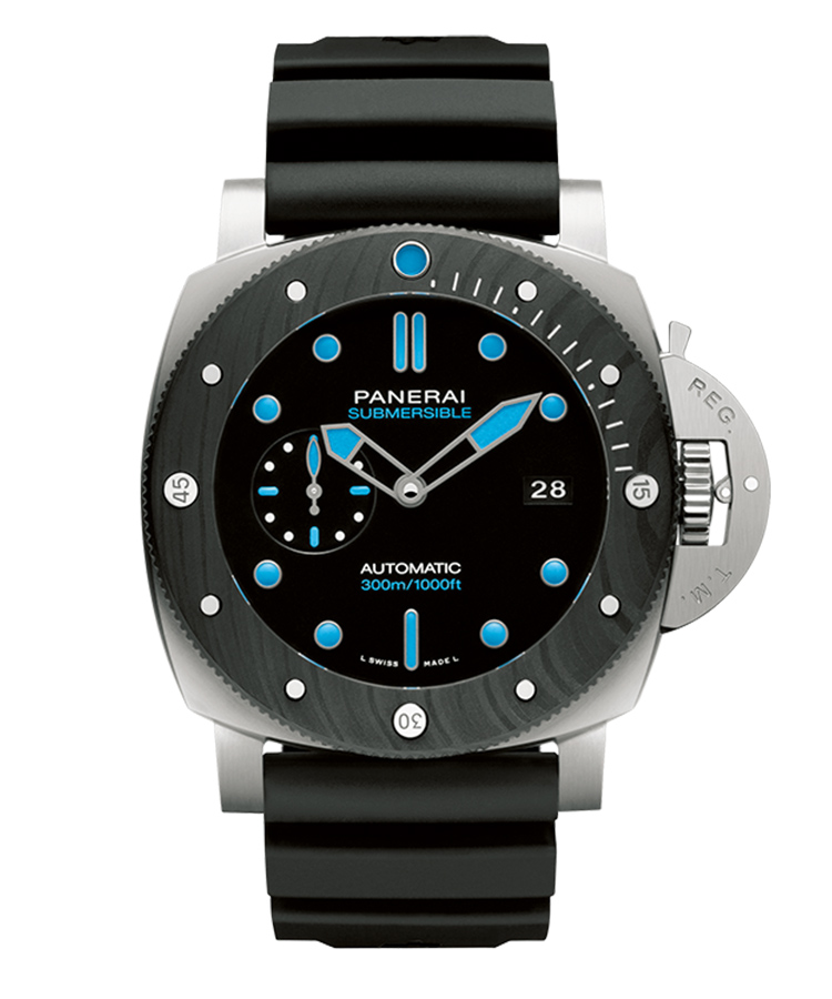 <p><b>PANERAI</b>　パネライ<br />
<b>サブマーシブル BMG-TECH™-47MM PAM00799</b><br />
ケースには非結晶構造のバルク金属ガラス製、ベゼルにはカーボンと高品位樹脂PEEKから成るカーボテックを用い、先進素材を融合させた。大型ケースは、強靭かつ極めて軽量。自動巻き。径47mm。BMGテックケース。ラバーストラップ。168万円（オフィチーネ パネライ）</p>
