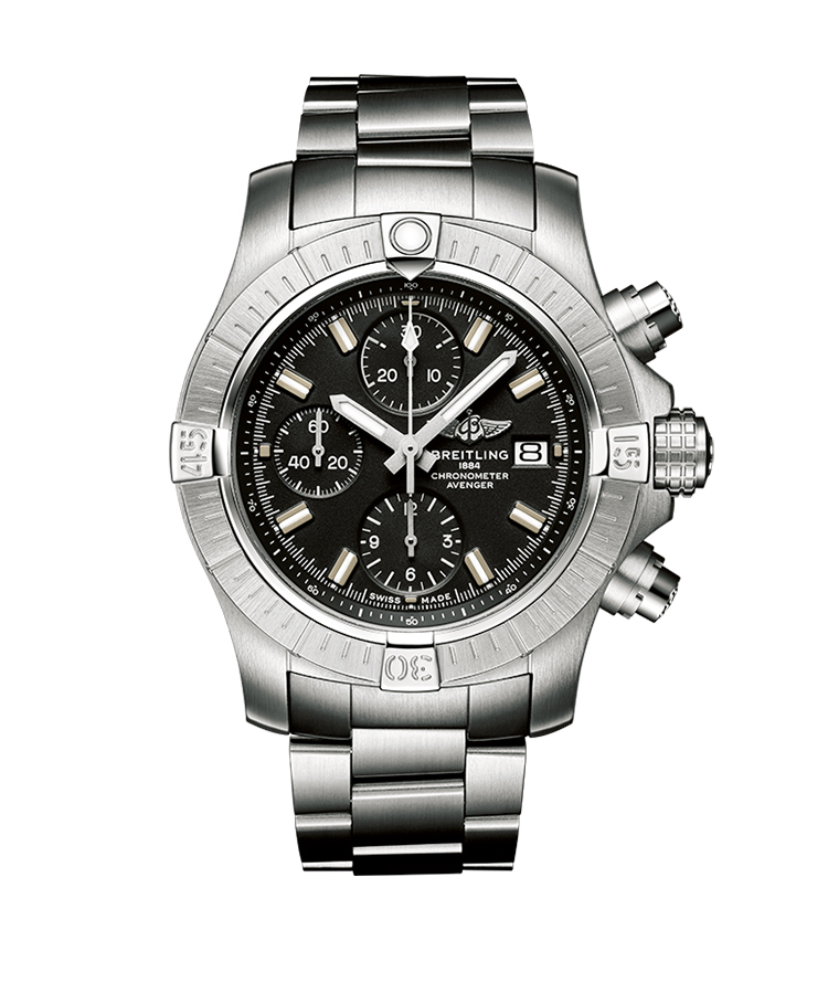 <p><b>BREITLING</b> ブライトリング<br />
<b>ブライトリングアベンジャー クロノグラフ43</b><br />
同社にはナビタイマーといったパイロット時計の金字塔があるが、より屈強な１本が好みなら今作を。旧クロノマットを彷彿させるソリッドな外観が、いかにも男の時計といった風情。自動巻き。径43㎜。SSケース&ブレス。60万8000円(ブライトリング・ジャパン）</p>
