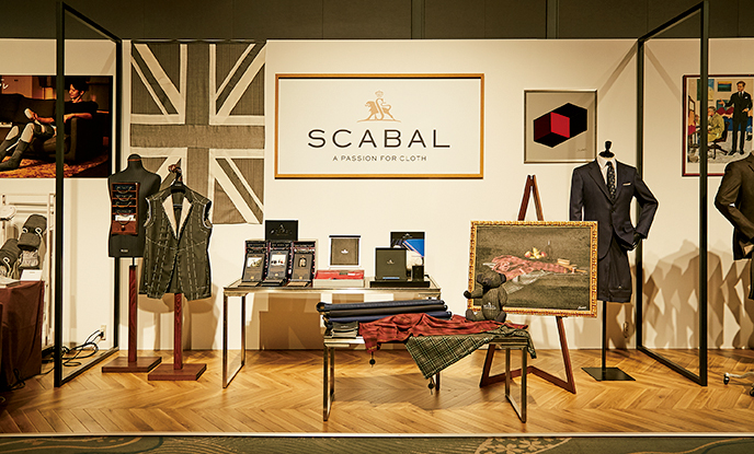 <p><strong>SCABAL</strong><br />
ベルギーの名門生地サプライヤー。美しく肌触りにも定評のある生地を展示。</p>
