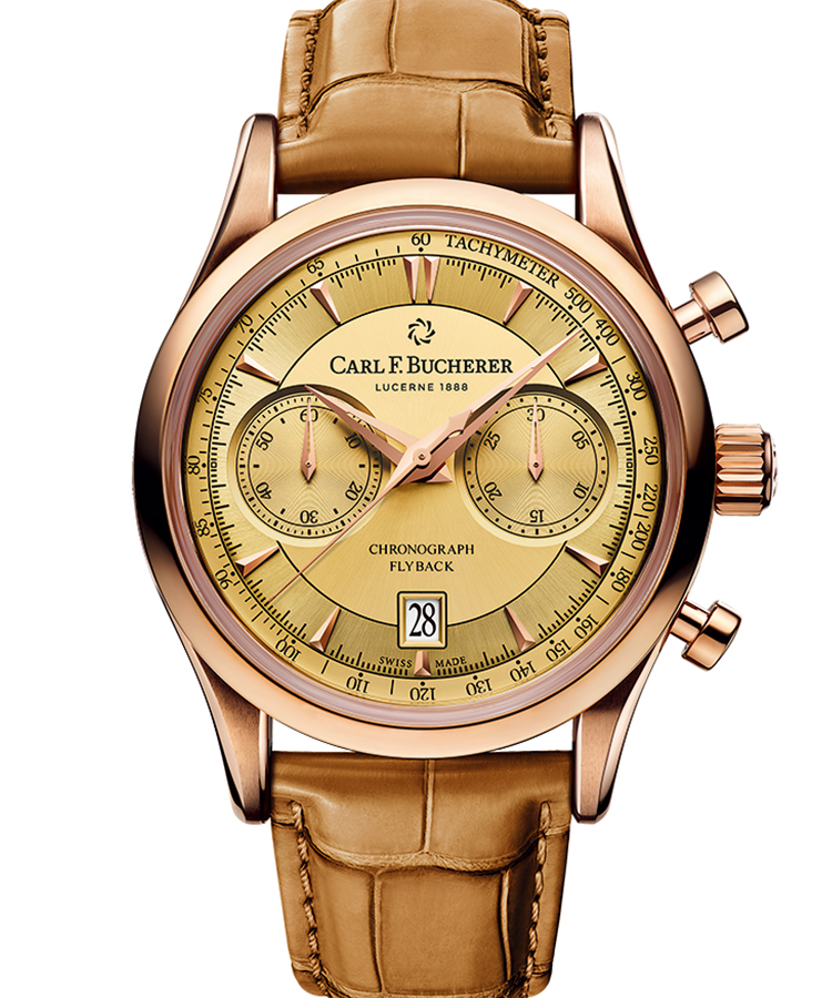 <p><b>CARL F. BUCHERER</b>　カール F. ブヘラ</br>マネロ フライバック</br><b>外装の各ディテールと、クロノグラフ機構とに凝る</b></br>2カウンタークロノが、シャンパンゴールドでエレガントなクラシカル感をまとった。各インダイヤルは大きく窪ませ、時分針にはスリットを設けるなどディテールの造作にも凝る。モデル名にあるように、クロノグラフを止めることなくリセットできる、精巧なフライバック機構を持つ。自動巻き。径43mm。18KRGケース。アリゲーターストラップ。236万円（ブヘラジャパン）</p>
