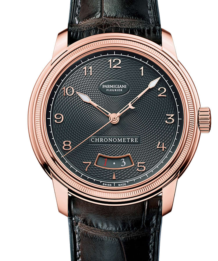 <p><b>PARMIGIANI FLEURIER</b>　パルミジャーニ・フルリエ</br>トリック クロノメーター</br><b>独自のゴールドに潜む強耐磁の実用的メカニズム</b></br>メゾンを率いる時計師ミシェル・パルミジャーニ氏が好む、フィボナッチ数列に基づくギョーシェ装飾が、スレートグレーのダイヤルを華やかに彩る。その模様と手作業によるベゼルのローレット装飾とが、美の共演を果たした。クロノメーター取得の高精度な自社製ムーブメントを搭載。自動巻き。径40.8mm。18KRGケース。アリゲーターストラップ。240万円（パルミジャーニ・フルリエ）</p>
