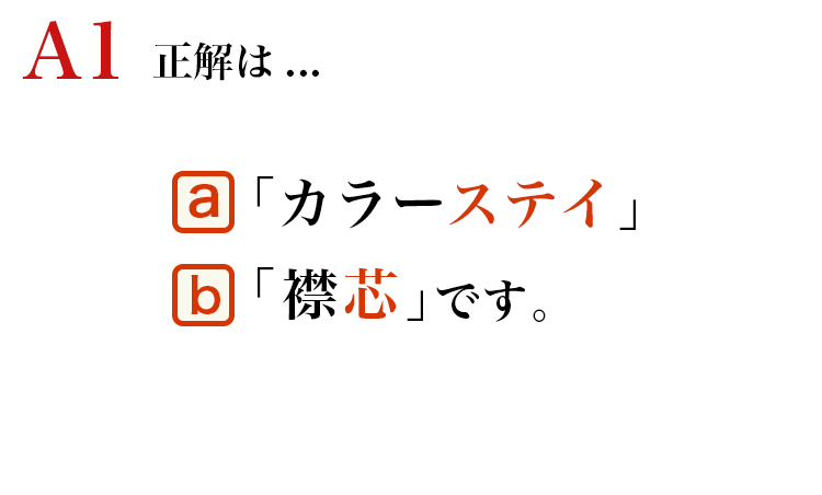 <p>カラーステイは、襟の形を保つ芯材のこと。着脱できるものが一般的です。<br />
襟芯は、襟を保形するための芯地のことです。</p>
