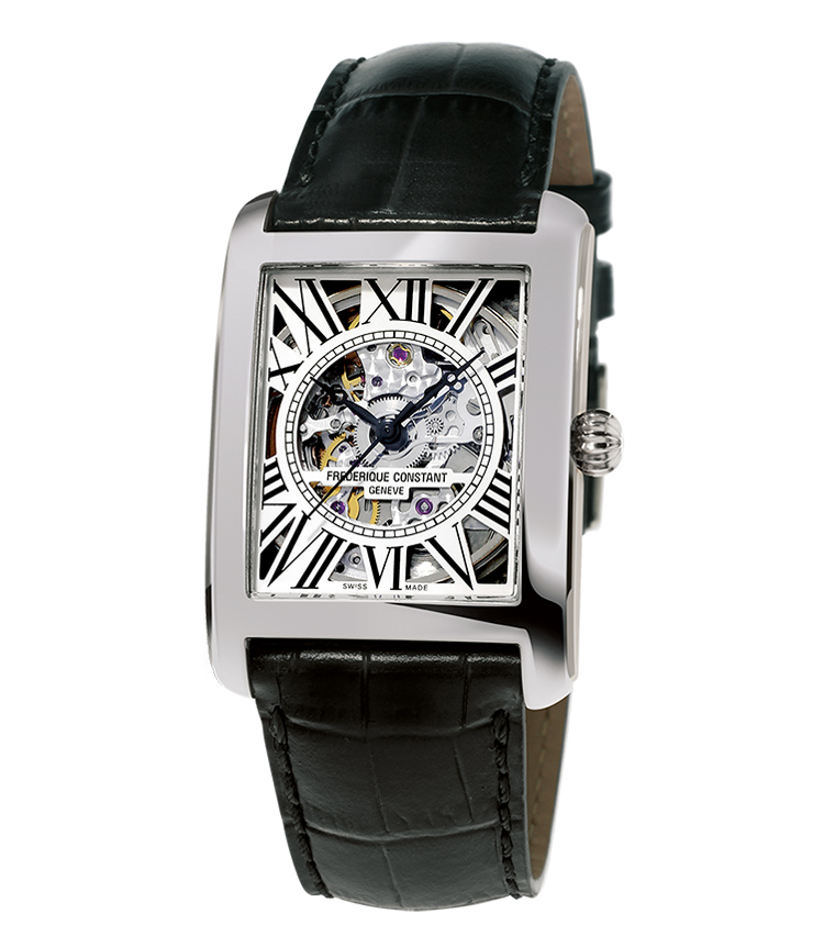 <p><strong>FREDERIQUE CONSTANT ／ フレデリック・コンスタント<br />
クラシック カレ オートマチック スケルトン</strong><br />
【機械式の魅力を堪能する角型のスケルトン】<br />
ローマ数字とレイルウェイだけを残すダイヤルにスケルトンムーブが覗く。丸みを持たせたベゼルで、角型が柔らかで気高い印象となった。自動巻き。ケース33.3×30.4mm。SSケース。カーフストラップ。21万8000円（フレデリック・コンスタント相談室）</p>
