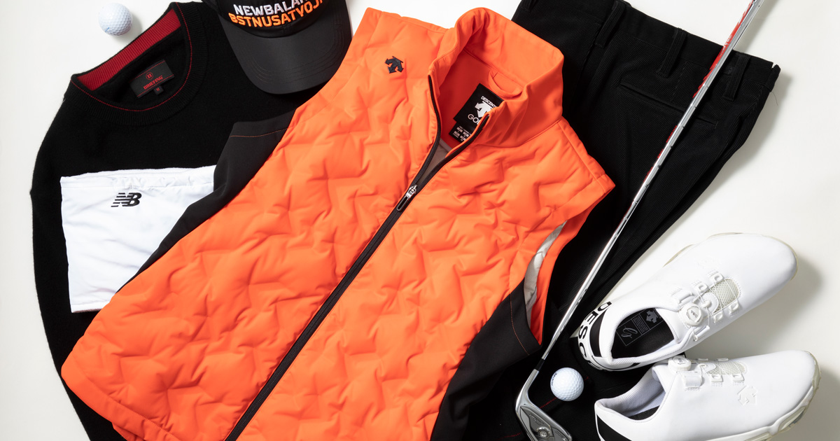 (美品)DESCENTE ゴルフダウンベスト O オレンジ 手持ちのゴルフウェアが見違える！「ビビッドカラーのダウンベスト」6