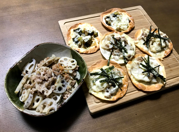 蓮根の味噌炒めとピザ