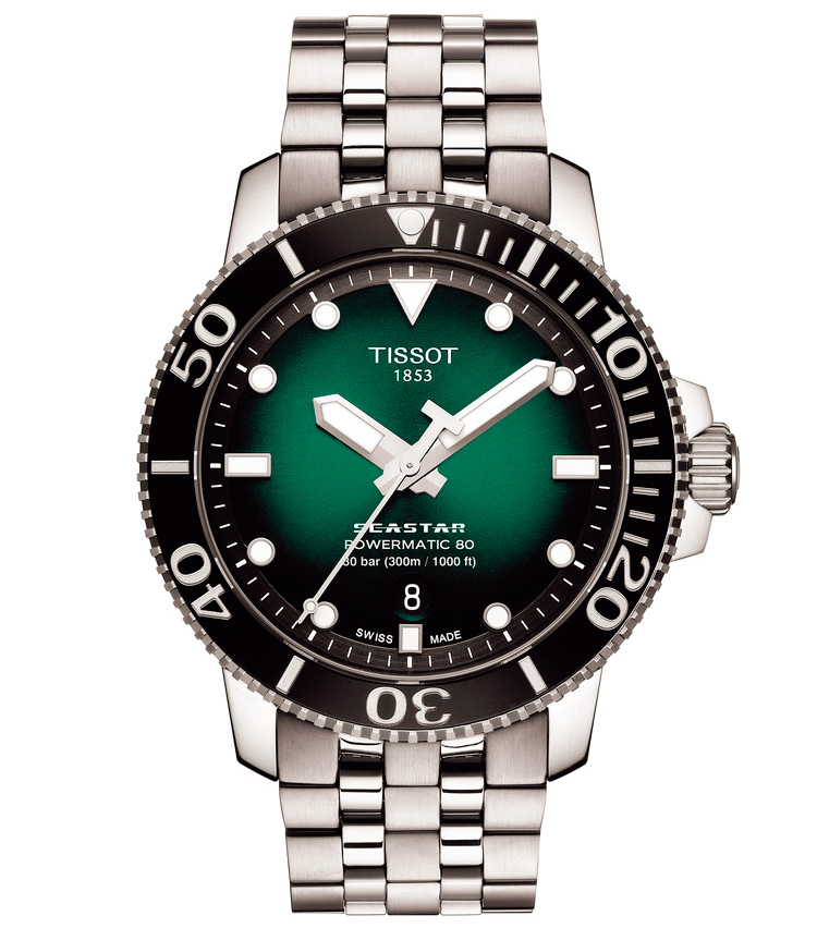 <p><b>TISSOT（ティソ）<br />
ティソ シースター 1000 オートマティック 日本限定セット<br />
<br />
価格以上の価値を持つタフな300m防水ダイバー</b><br />
特製ケースとブラックラバーの替えストラップが付属する日本限定セット。華やかなグリーンのグラデダイヤルの下には、80時間駆動のパワーマティック80が潜む。日本限定セットは直営店、公式オンラインストアのみでの販売。自動巻き。径43mm。SSケース＆ブレスレット（ラバーストラップ付属）。9万1300円（ティソ）</p>
