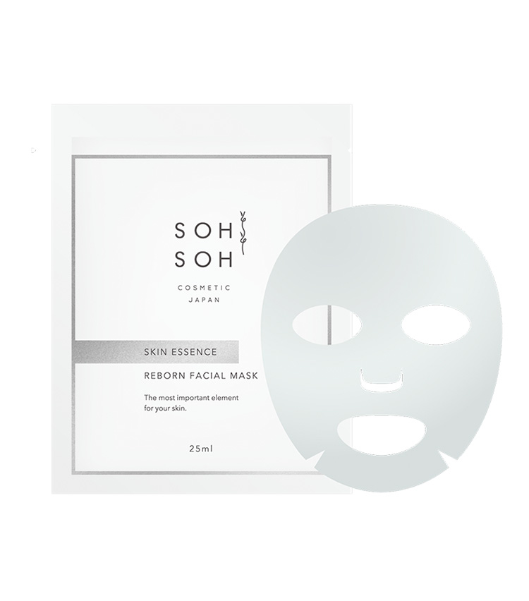 <p><b>SOH SOH COSMETIC<br />ソソコスメティックのスキンエッセンス リボーンフェイシャルマスク</b><br />
幹細胞培養液の200倍のパワーを持つというヒト幹細胞エクソソームに、低温抽出された非分解プラセンタや抗炎症効果で話題のツボクサエキスなどを贅沢に配合。週に1度のスペシャルケアに。25ml×1枚入 2200円（楚々）</p>
